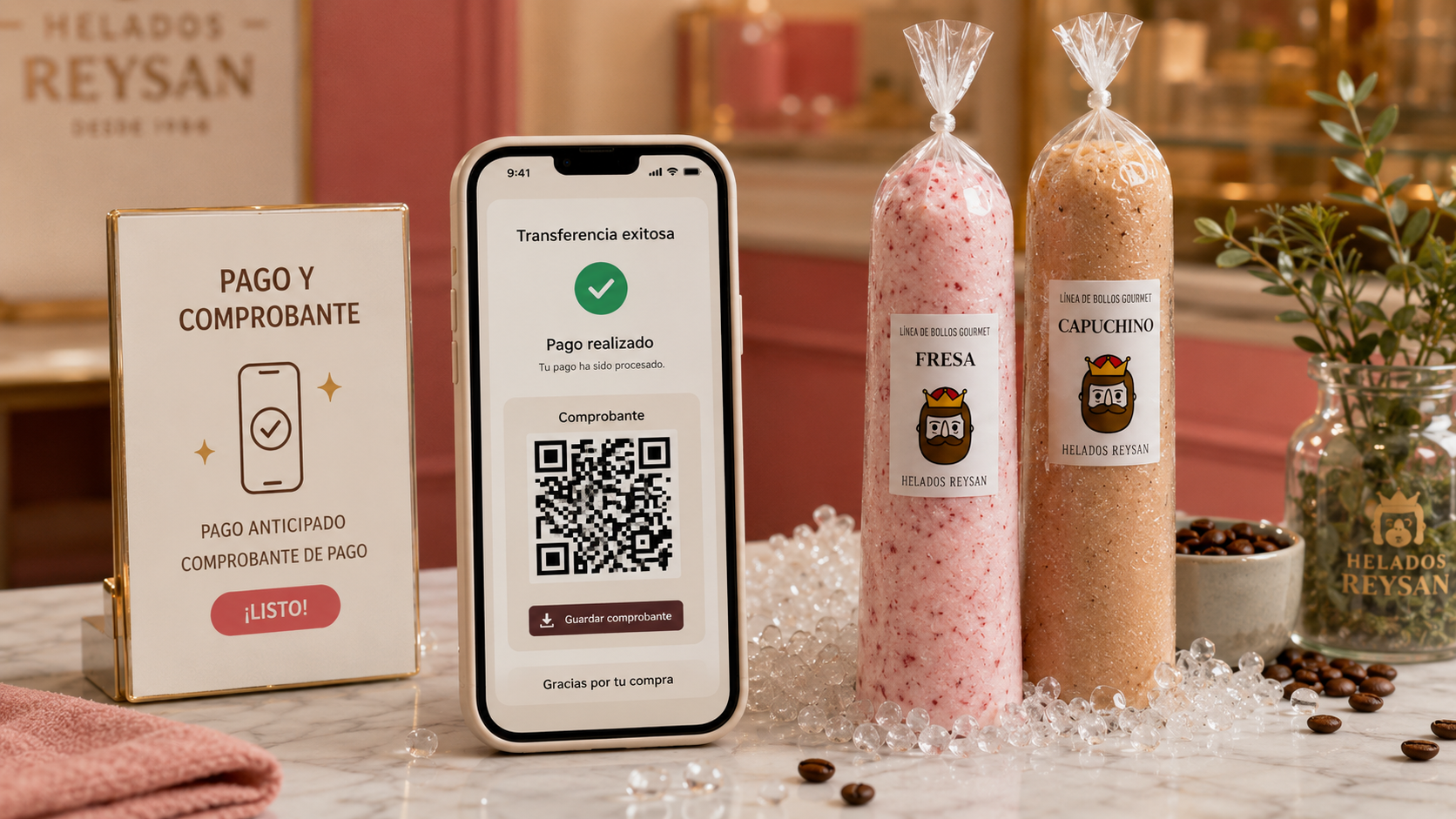Comprobante de pago y código QR de entrega Helados Reysan
